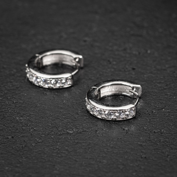 Elegant 925 5A Cz Sterling Silver One Row Men’s Women’s Huggie Hoop Earrings - Picture 3 of 5